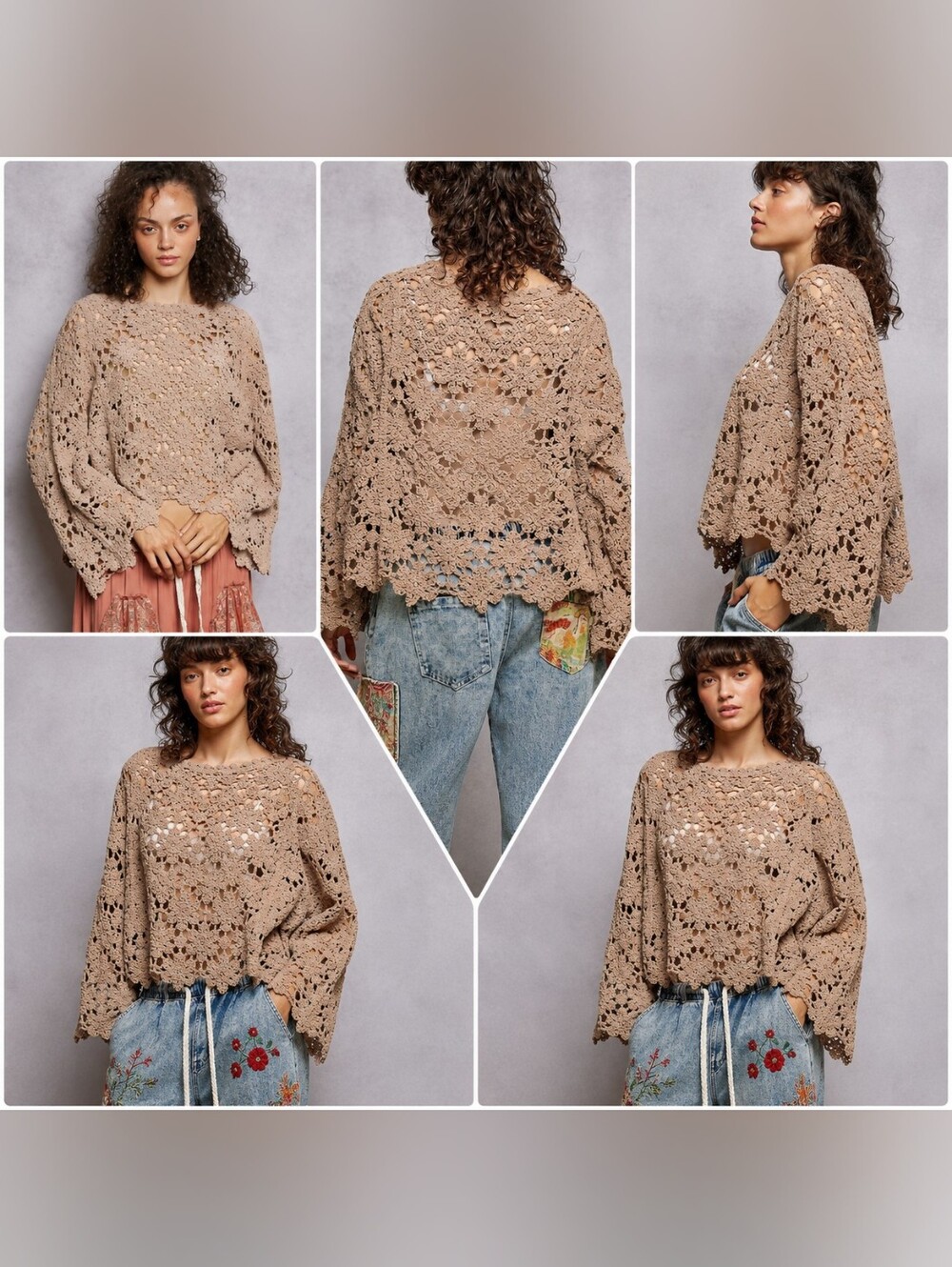 POL Boho Crochet Chenille Oversized Top – Latte Available Sizes S/M & M/L